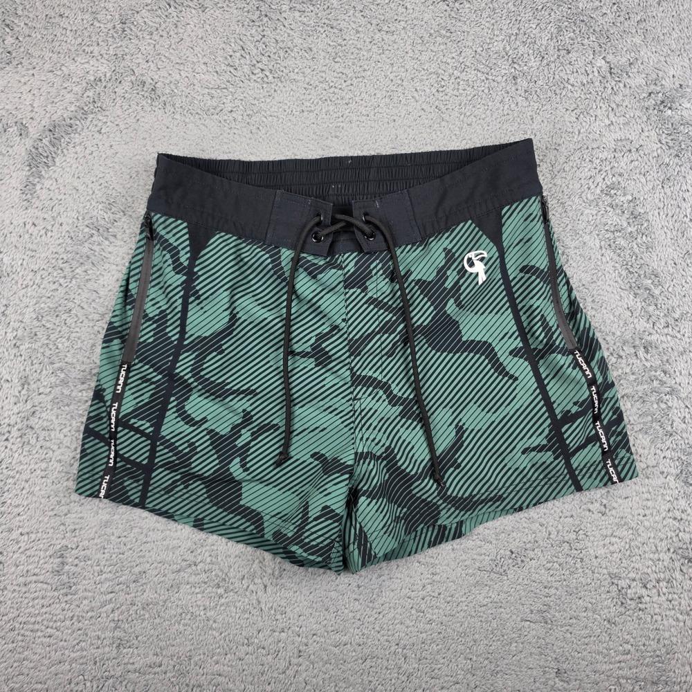 Tucann Swim Trunks Mens Medium Green Black Camo Athletic 3" Ins Zipper Pockets
